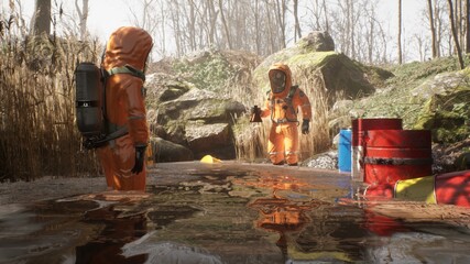 Professional environmentalists in protective suits and gas masks take water samples from a toxic swamp. The concept of ecology. 3D Rendering.