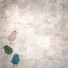 stylish textured old paper background with funny little birds made of sea glass pebble pieces 
