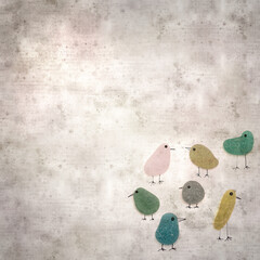 stylish textured old paper background with funny little birds made of sea glass pebble pieces 
