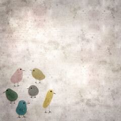 stylish textured old paper background with funny little birds made of sea glass pebble pieces 
