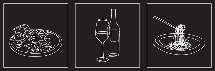 One line Italian food art. Background illustration of food and wine