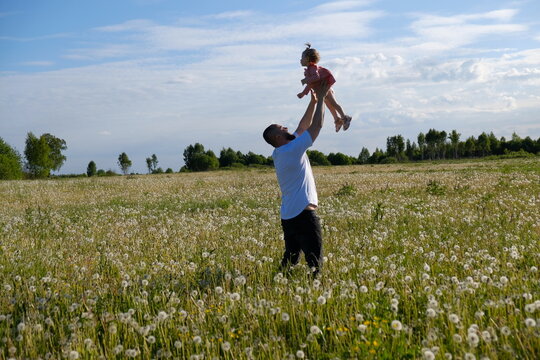 A father in a white T-shirt tosses his little daughter up the top. Fatherhood concept.