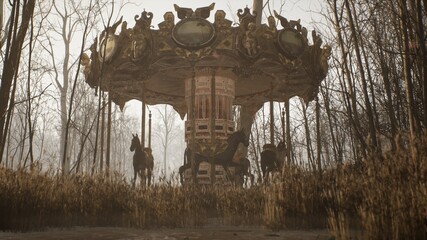 An old abandoned merry-go-round is spinning in the autumn mystical white forest. The concept of an abandoned park after the apocalypse. 3D Rendering. © designprojects