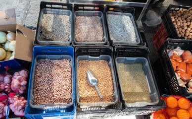 Beans, chickpeas and lentils on flea market place in Spain