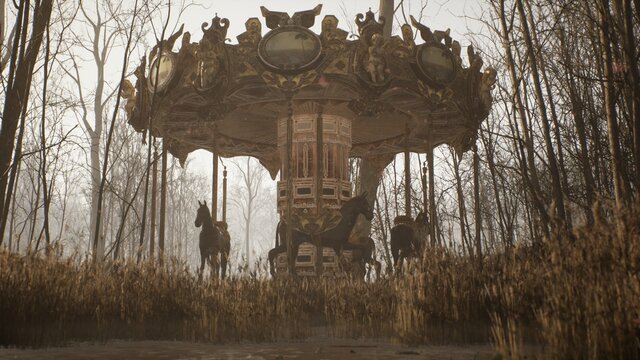An old abandoned merry-go-round is spinning in the autumn mystical white forest. The concept of an abandoned park after the apocalypse. 3D Rendering.