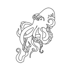 Octopus. Silhouette in line vector. Black food illustration for use in packaging design, web and mobile applications, logo.