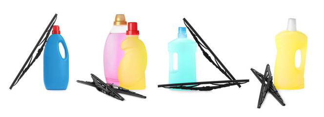 Set with car windshield wipers and washer fluids on white background. Banner design - obrazy, fototapety, plakaty
