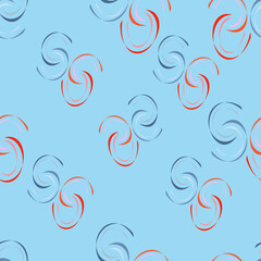 Abstract seamless pattern with pink, gray and red elements in the form of a spiral on a blue background. For wallpaper, textiles and fabrics.