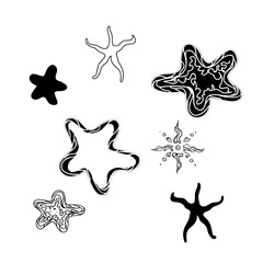 Minimalism set in black linear style. 7 different starfish for use in design