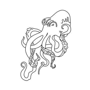 Octopus. Silhouette in line vector. Black food illustration for use in packaging design, web and mobile applications, logo.