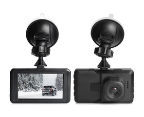 Modern car dashboard cameras on white background in collage, one with photo of road