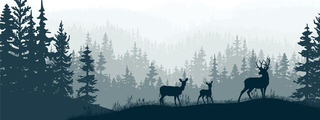 Horizontal banner. Silhouette of deer, doe, fawn standing on meadow in forrest. Silhouette of animal, trees, grass. Magical misty landscape, fog. Blue and gray illustration. Bookmark.