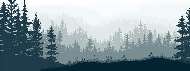 Bannière horizontale de forêt et de prairie, silhouettes d& 39 arbres et d& 39 herbe. Paysage brumeux magique, brouillard. Illustration bleue et grise. Signet.
