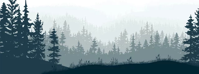 Papier Peint photo autocollant Forêt dans le brouillard Bannière horizontale de forêt et de prairie, silhouettes d& 39 arbres et d& 39 herbe. Paysage brumeux magique, brouillard. Illustration bleue et grise. Signet.