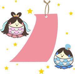 七夕 短冊 アマビエの織姫と彦星 ピンク