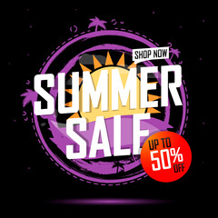 Summer Sale up to 50% off, discount banner design template, promotion poster, season offer tag, vector illustration