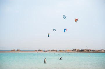 kitesurfers in the sky over the blue lagoon Egypt	
