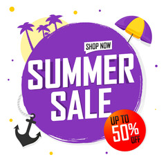 Summer Sale up to 50% off, discount banner design template, promotion poster, season offer tag, vector illustration