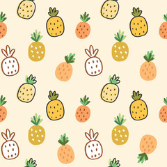 Seamless Pattern of Hand Drawn Pineapple Art Design on Light Yellow Background