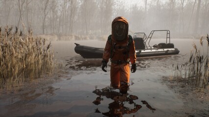 An ecologist in a special suit arrived on his inflatable boat to the site of pollution of the reservoir to assess the degree of pollution. 3D Rendering.