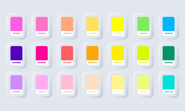 Neon and pastel colour palette. Vector. Catalog samples neon in RGB HEX. Color Catalog. Neumorphic UI UX white user interface web button. Neumorphism. Vector EPS 10.