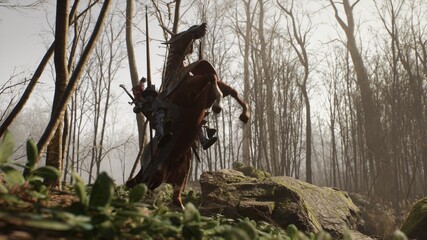 A brave medieval knight on his frisky horse prepares for battle. View of the fighting knight and his horse rearing up. The image is for historical, medieval or military backgrounds. 3D Rendering. © designprojects