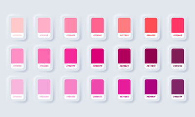 Pink pastel colour palette. Vector. Catalog samples pink in RGB HEX. Color Catalog. Neumorphic UI UX white user interface web button. Neumorphism. Vector EPS 10. - obrazy, fototapety, plakaty