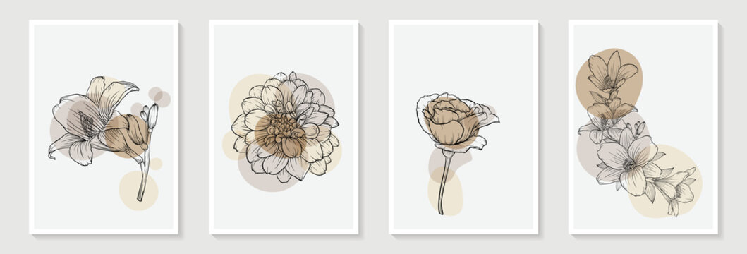 Set Of Creative Minimalist Hand Draw Illustrations Rose Floral Outline Pastel Biege Simple Shape And Brush Stroke For Wall Decoration, Postcard Or Brochure Cover Design