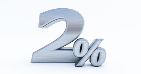 3D render of 2 percent off, metal two percent isolated on a white background.