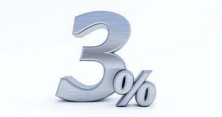 3D render of 3 percent off, metal three percent isolated on a white background.
