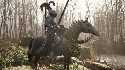 A brave medieval knight on his frisky horse prepares for battle. View of the fighting knight and his horse rearing up. The image is for historical, medieval or military backgrounds. 3D Rendering. © designprojects