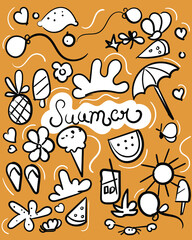 seamless doodle pattern of summer objects, umbrella, sun, balloon, lemon and flowers