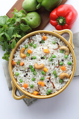 Mix vegetable pulao, an Indian meal, Indian Vegetable Pulav or Biryani made using Basmati Rice