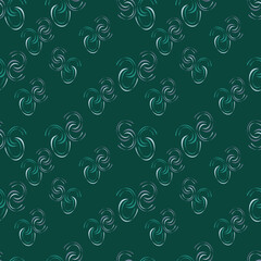 Abstract seamless pattern with green and gray elements in the form of a spiral on a dark green background. Emerald background. For wallpaper, textiles and fabrics.