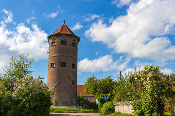 GVARDEYSK, KALININGRAD REGION, RUSSIA-MAY 20, 2021: City of Gvardeysk, urban landscape-Water tower