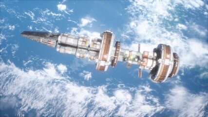 Obraz na płótnie Canvas Space futuristic station flies over the planet Earth. The image is for fantastic, the futuristic or space travel backgrounds. 3D Rendering. View of the spacecraft in the space.