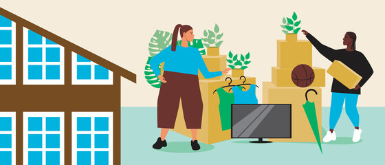 People in the yard, garage sale at neighbors, flat vector stock illustration with eco friendly market