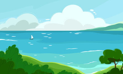 Fototapeta na wymiar Seascape with clouds, sailing ship, mountains, greenery and tree. Vector colorful illustration on the marine theme. Horizontal landscape.