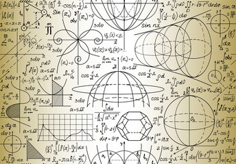 Scientific math vector seamless pattern with handwritten algebra formulas, figures and equations, old paper effect