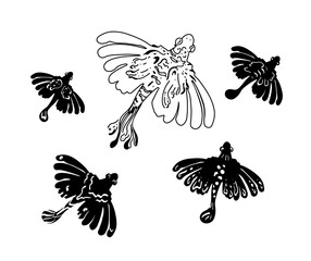 Minimalism Fish silhouettes in line drawing style. 5 different fish for use in packaging design, web and mobile applications, logo.