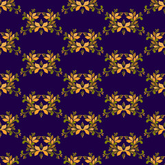 Fototapeta na wymiar Seamless pattern in orange and green tones with a composition of leaves and curls elements on a dark purple isolated background. 
