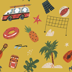 Hawaiian vacation seamless pattern. Palm tree, retro bus with surfboards on top, Tiki mask, ukulele, beach volleyball.