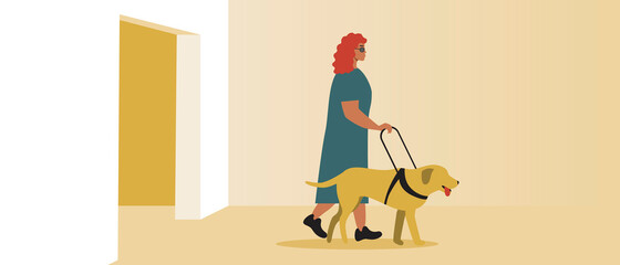 Blind disabled person with guide dog, indoor entrance, flat vector stock illustration with doorway for the visually impaired, mobility with labrador retriever