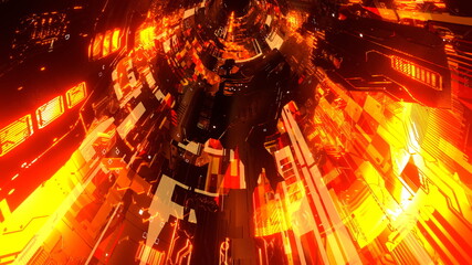 サイバー トンネル 機械 宇宙 Sci-fi オレンジ [別Verあり] © GINGER_Tsukahara