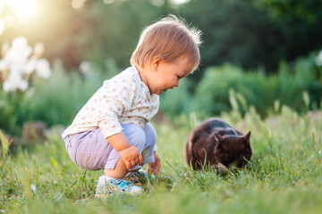 Care of pet. A little Caucasian baby girl is sitting next to a black cat. In the background, green grass and garden plants. In the village