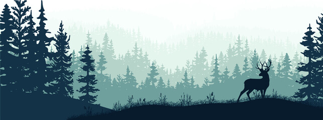 Horizontal banner of forest and meadow, silhouettes of trees and grass. Magical misty landscape, fog. Blue and gray illustration. Bookmark. 