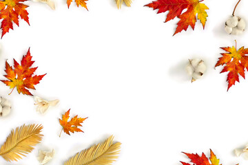 Frame of autumnal maple leaves, golden yellow leaves palm tree, cotton flowers, dry white flowers orchid on white background with space for text. Top view, flat lay