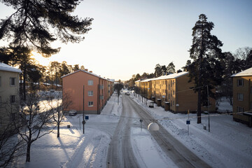 Blocks of flats along winter street