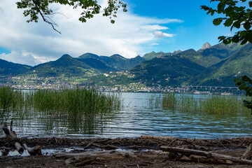 Natural shore of Lake Geneva, Switzerland, with view to Montreux