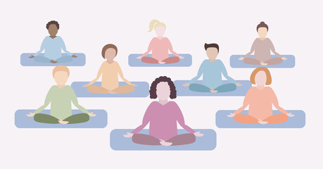 Group of peoole of different races and nations meditate together. Concept vector illustration for yoga, meditation, relax, recreation, healthy  lifestyle. Simple cute flat cartoon style